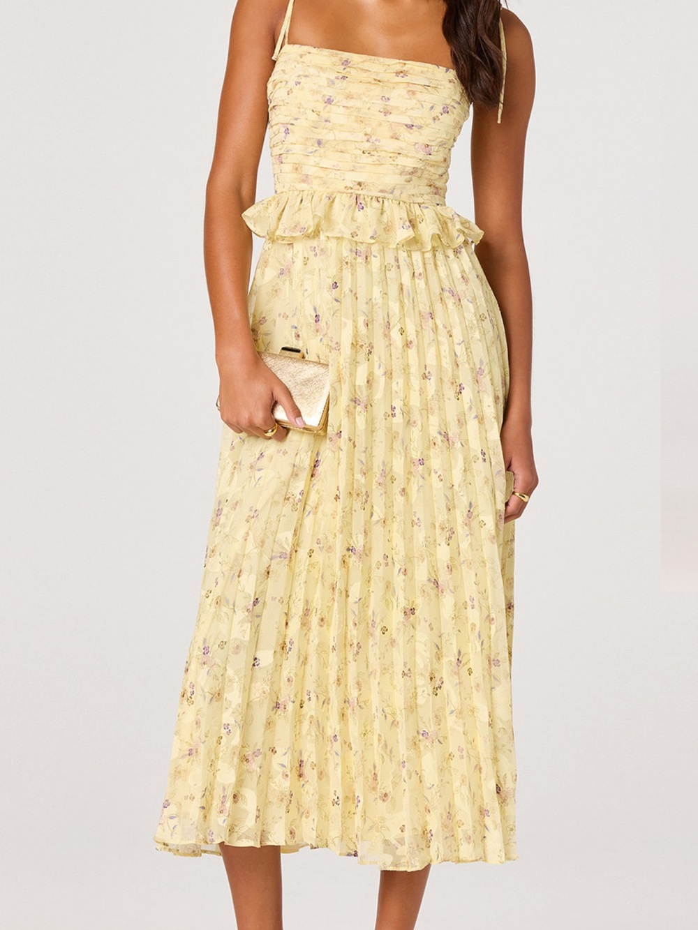 Astr Yellow Floral Pleated Midi Dress with Spaghetti Straps